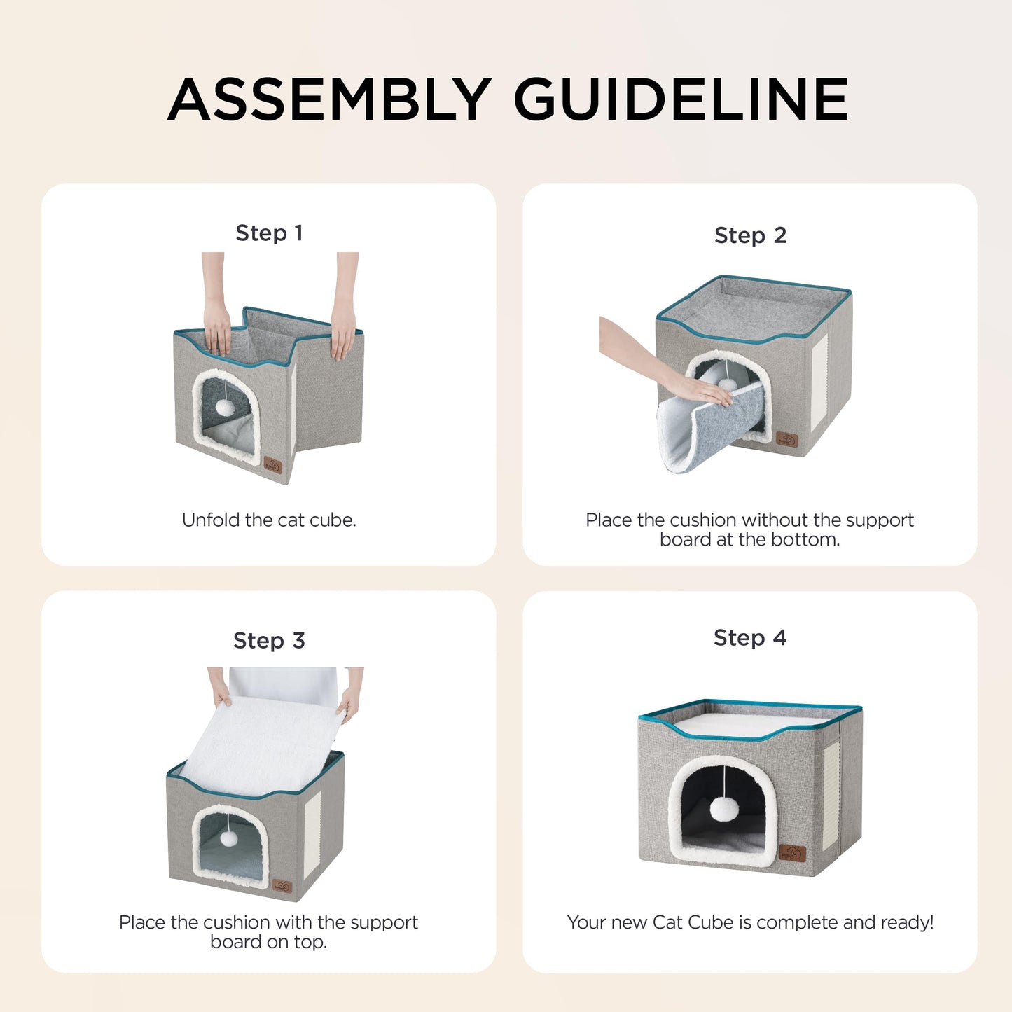 Bedsure Cat Beds for Indoor Cats - Large Cat Cave for Pet Cat House with Fluffy Ball Hanging and Scratch Pad, Foldable Cat Hideaway, 16.5x16.5x13 inches, Grey