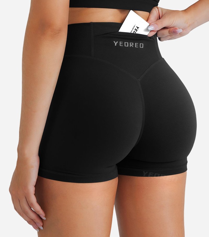 YEOREO Hidden Scrunch Workout Shorts with Pocket 3.5'' Inseam High Waist Gym Yoga Shorts Black S