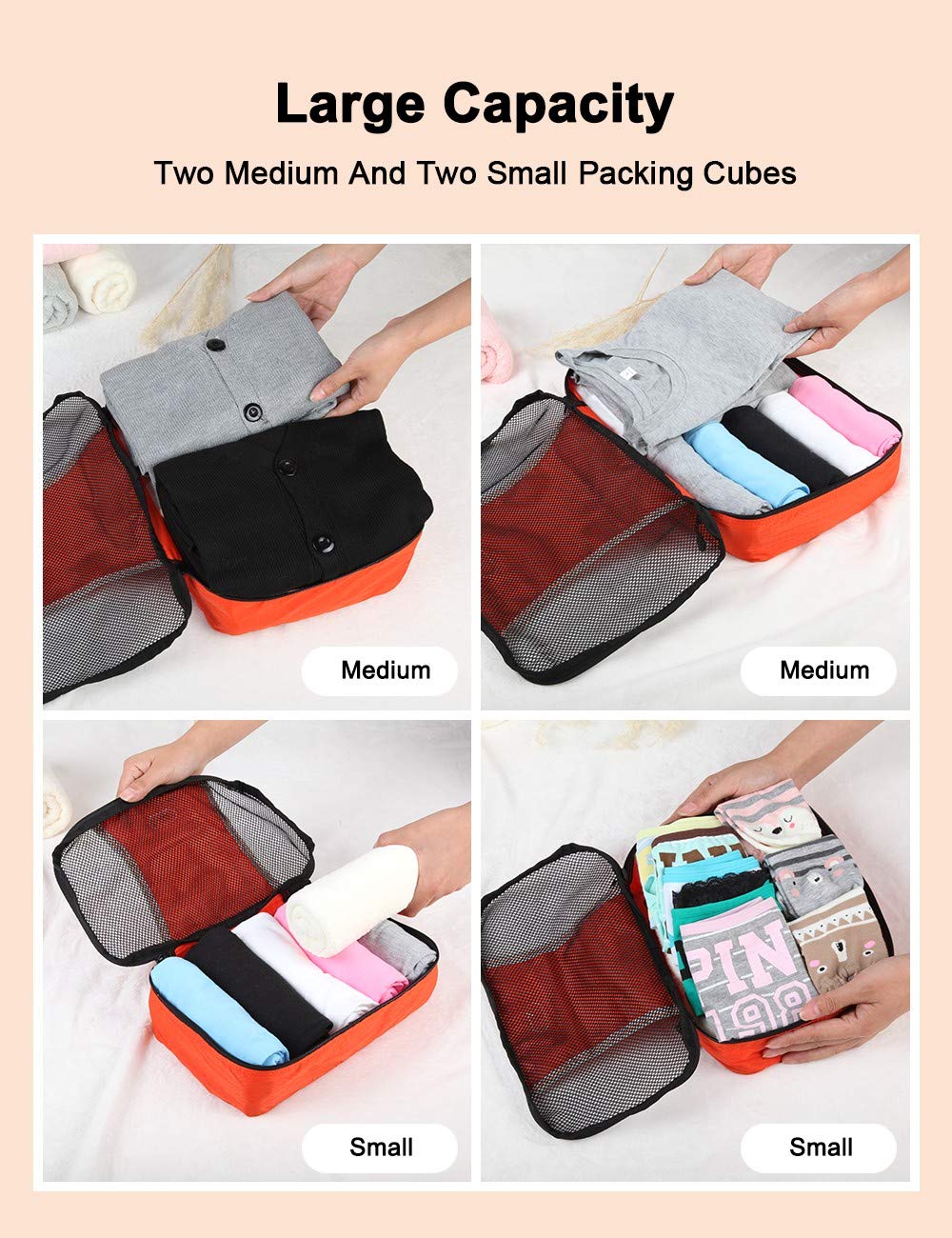 GOX Ultra Light 5 piece Packing Cubes Travel Luggage Organizer 1 Large 2 Medium 2 Small (Orange)