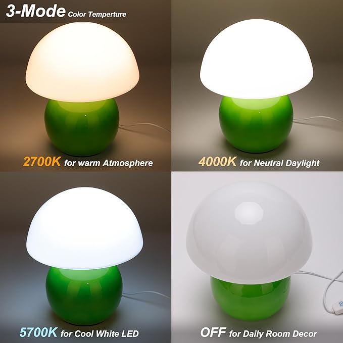 Small Mushroom Lamp,USB-Plug in Bedside Table Lamps with 3-Temperature LED Bulb Dimmable,Unique Cute Aesthetic Home Decor for Living Room,Bedroom, Modern Ceramic Base Glass Lamp(Green)