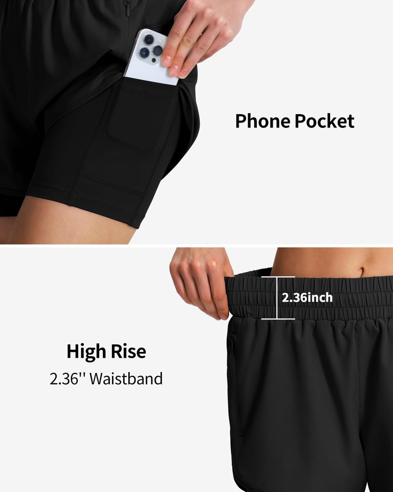 Ksmien Women's 2 in 1 Running Shorts Quick Dry Athletic Gym Workout Shorts with Liner Phone Pockets Black