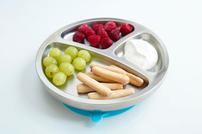 Avanchy Baby Plates with Suction – Stainless Steel Divided Plates for Toddlers, BPA-Free, Dishwasher Safe, Unbreakable, Non-Toxic, 100% Silicone Suction – Magenta