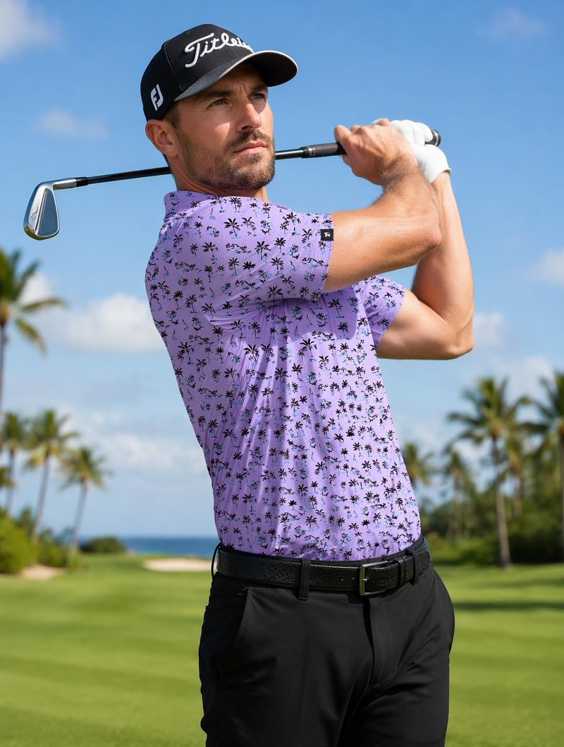 ZITY Mens Print Polo Shirts Short Sleeve Moisture Wicking Shirts for Men Golf Tennis Daily Casual Collared T-Shirt Purple Large