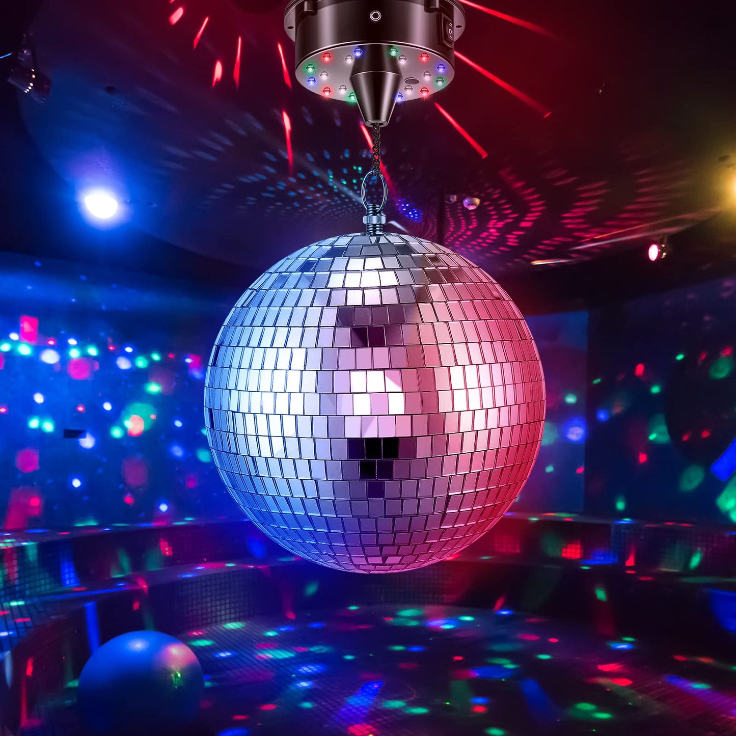 Tuanse 6RPM Rotating Disco Ball Mount Electric Motor with Lights 4 Colors for 6 8 12 Inch Disco Ball (Not Included) 2 Mode for Christmas Party Djs Bands Pubs Weddings Night Clubs(Plug Style)