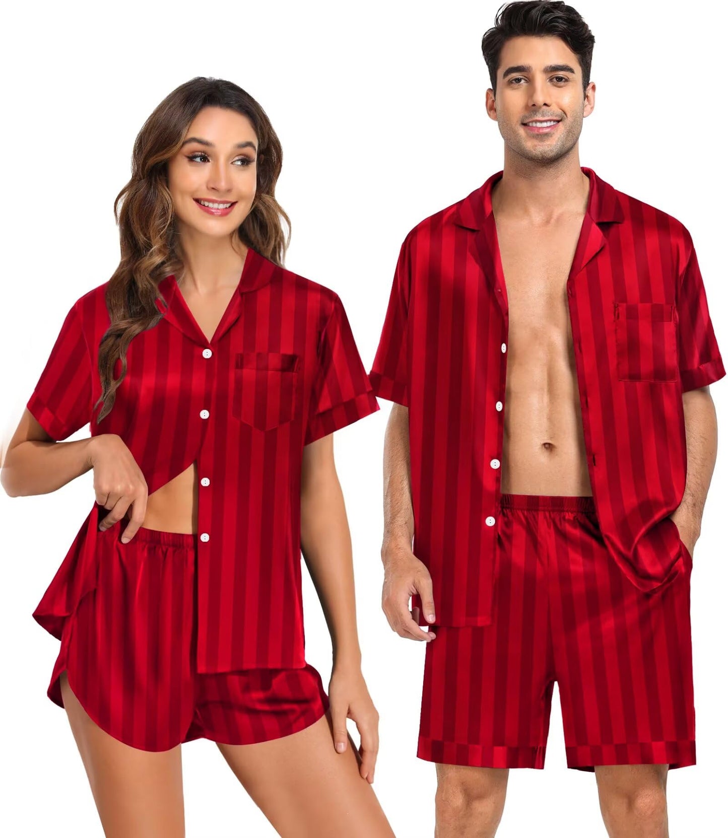 SWOMOG Couple Satin Matching Pajamas Sets Women & Men Short Sleeve Sleepwear Silk Button Down Nightwear 2 Pieces Loungewear