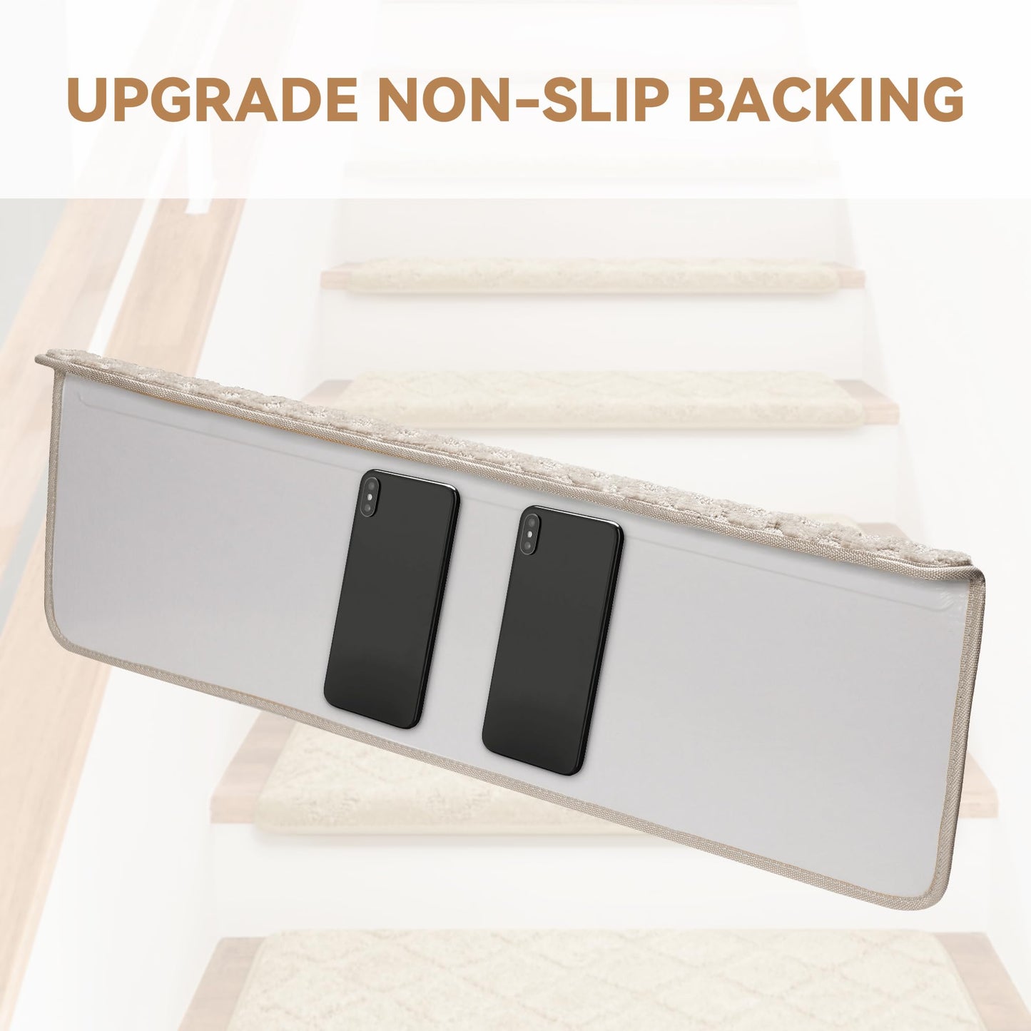 Bullnose Stair Treads Non Slip 9.5" x 32", 14 Pcs Carpet Stair Treads for Wooden Steps Indoor with Edge Protection, Reusable Peel and Stick TPU Backing Stair Runner Rugs - Lattice Pattern Beige Grey