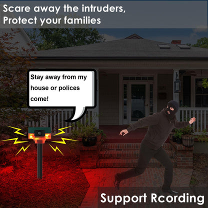 HULPPRE Solar Outdoor Motion Sensor Alarm-Dog Barking&Gunshot Sound,Support Recording,130db Loud Noise Maker,13 Kinds of Sound Strobe Light with USB,Say Goodbye to The Intruders