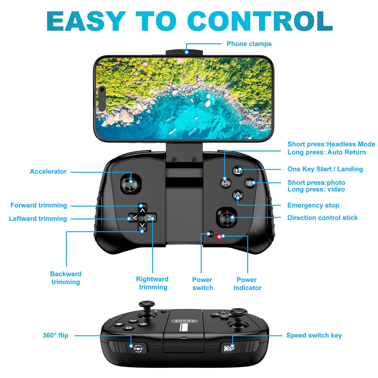 Drone with 1080P Camera for Beginners and Adults, Foldable Remote Control Quadcopter with Voice Control, Gestures Selfie, Altitude Hold, One Key Start, 3D Flips, 2 Batteries, Not water-proof, Toy for Beginners