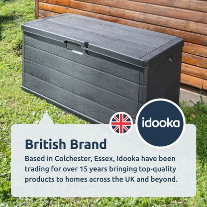idooka Large Garden Storage Box with Lid 340L - Water Resistant Plastic Lockable - Furniture Cushions/Wellies/Logs/Coal/Garden Tool Grey Deck Box/Garage