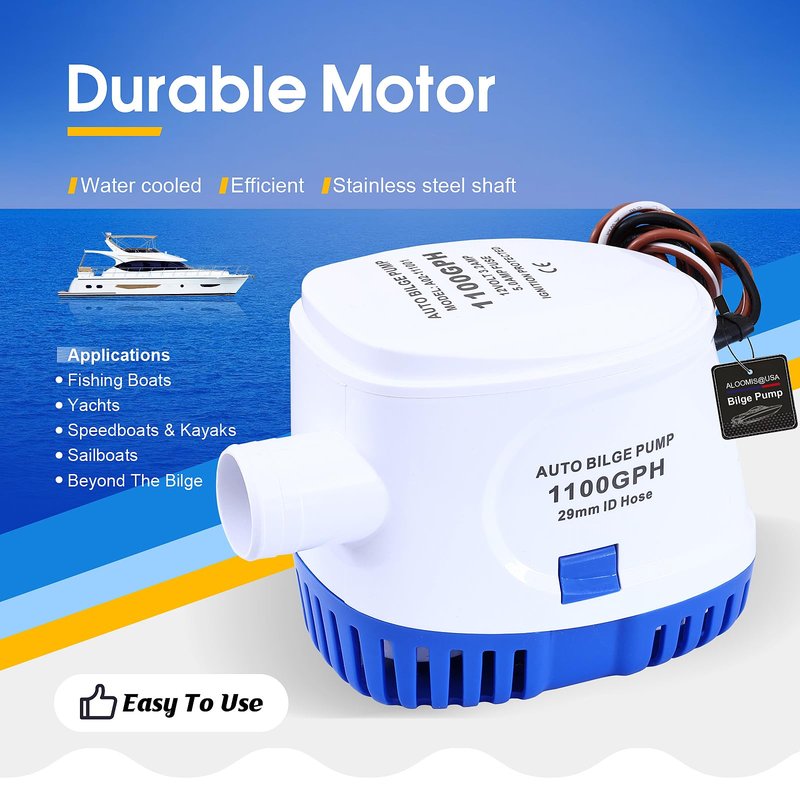 1100GPH Automatic Bilge Pump for Boats 12V Submersible Water Pump with Float Switch 1-1/8" Outlet