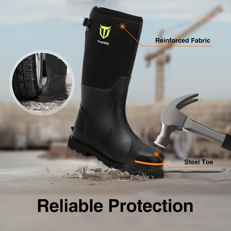 TIDEWE Rubber Work Boot for Men with Steel Toe & Shank, Waterproof Anti Slip Hunting Boot, 6mm Neoprene Hunting Boot for Manufacturing, Construction, Farming, Black, Size 8