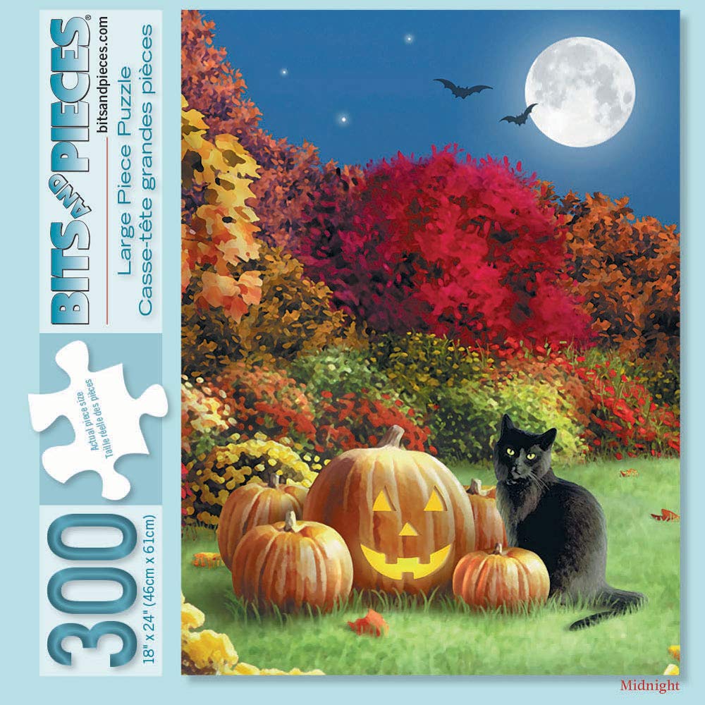 Bits and Pieces – 300 Piece Jigsaw Puzzle for Adults – Midnight - Halloween Black Cat Pumpkin Jack - O - Lantern Full Moon Jigsaw Puzzle by Artist Alan Giana, Completed Puzzle Size: 18" x 24"
