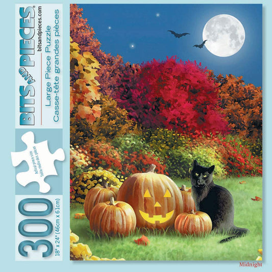 Bits and Pieces – 300 Piece Jigsaw Puzzle for Adults – Midnight - Halloween Black Cat Pumpkin Jack - O - Lantern Full Moon Jigsaw Puzzle by Artist Alan Giana, Completed Puzzle Size: 18" x 24"