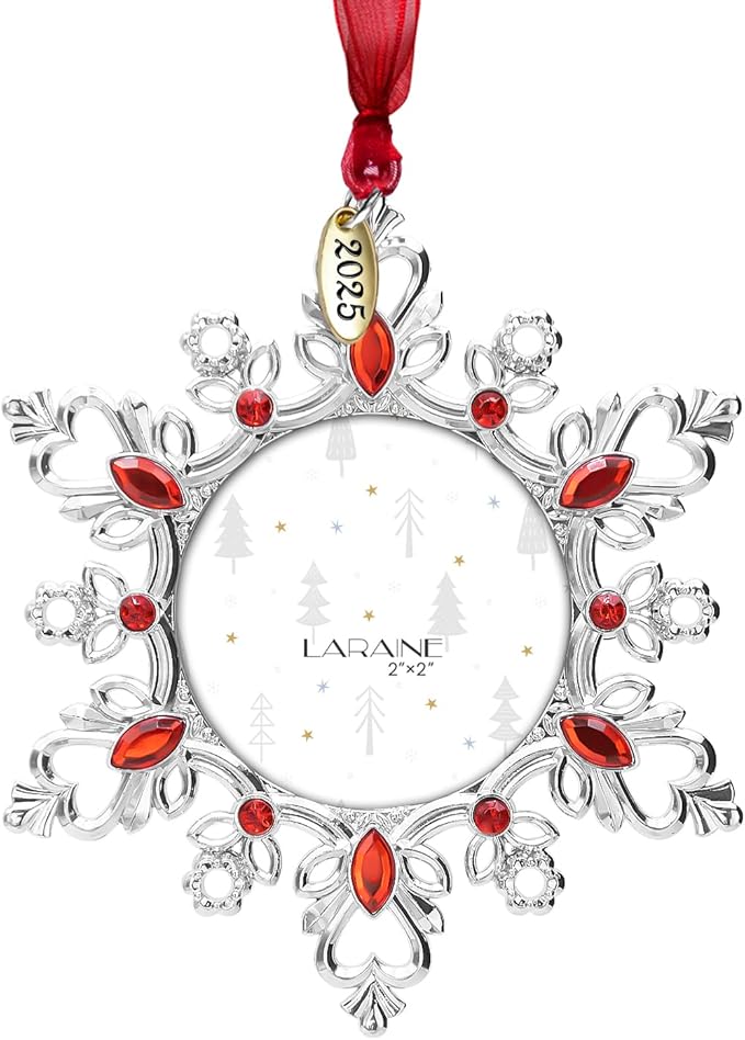 Laraine Christmas Tree Ornaments – Decorative Hanging 2025 Holiday Keepsake Gift Snowflake Pendant with 2” Photo Frame Insert for Picture of Pet (Snowflake Ruby (2025))