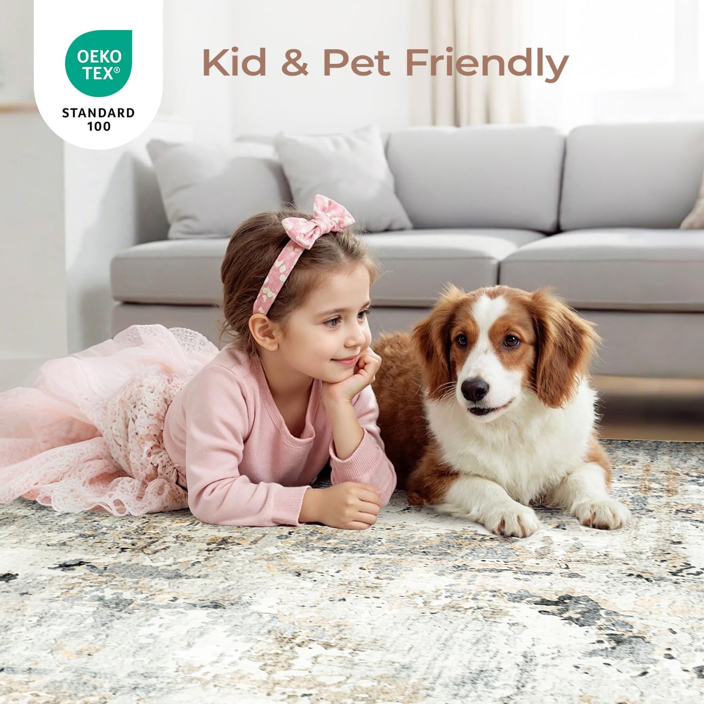 Carpelux 5x7 Area Rugs, Neutral Machine Washable Rugs for Living Room, Abstract Modern Soft Non-Slip Thin Print Floor Carpet for Bedroom Kids Room, Brown/Grey