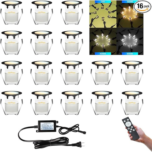 LED Outdoor Deck Lights, Φ30mm 3CCT Low Voltage 12V, 16 Pack Black IP65 Waterproof, Electric Wired Mini Recessed Under Landscape Lighting for Yard Stair Step Floor Riser
