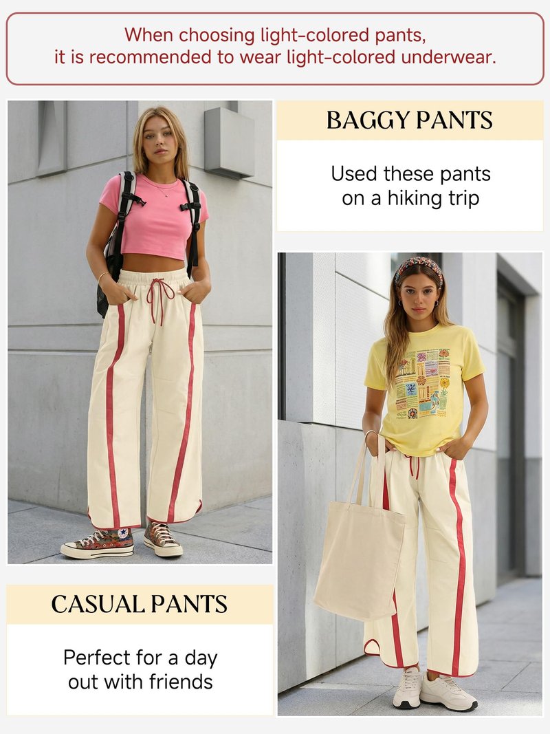 TWQTWQ Women's Wide Leg Track Pants Baggy Drawstring High Rise Side Striped Casual Lightweight Parachute Pants with Pockets(Red,Medium)