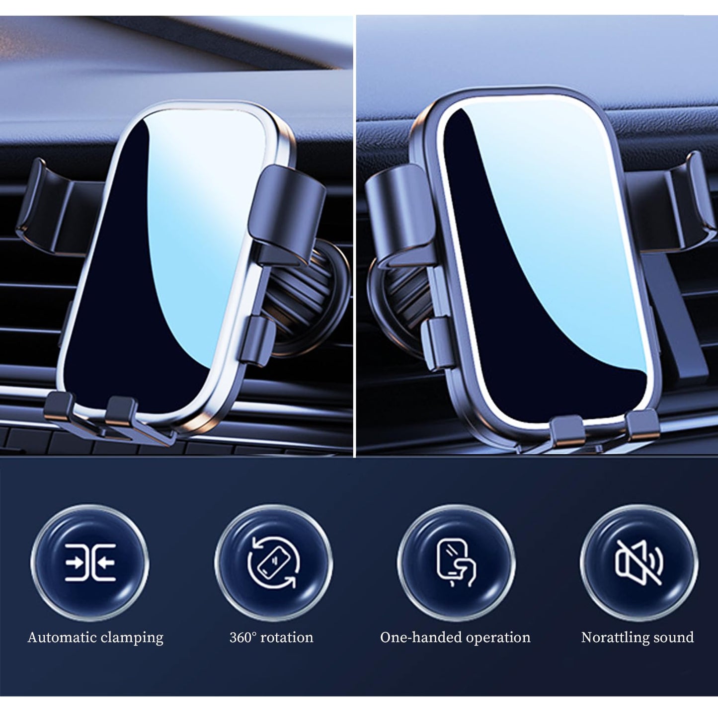 Car Cell Phone Holder with Metal Hook Clip, 360 Degree Rotating Air Vent Navigation Mount, Universal Base (Black and Silver)