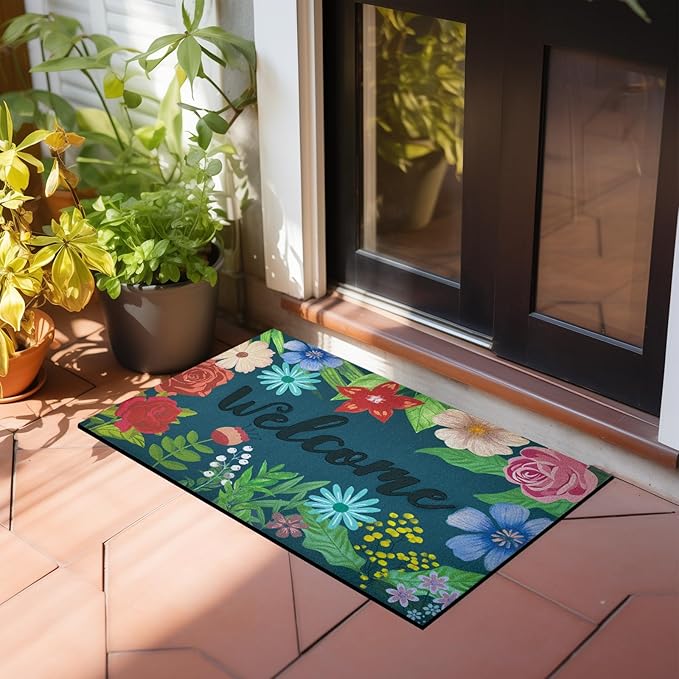 CHICHIC Welcome Door Mat 17x 30 Inch Front Door Mat Outdoors for Home Entrance Outdoors Mat for Outside Entry Way Doormat Entry Rugs, Heavy Duty Non Slip Rubber Back Low Profile, Colorful Flower