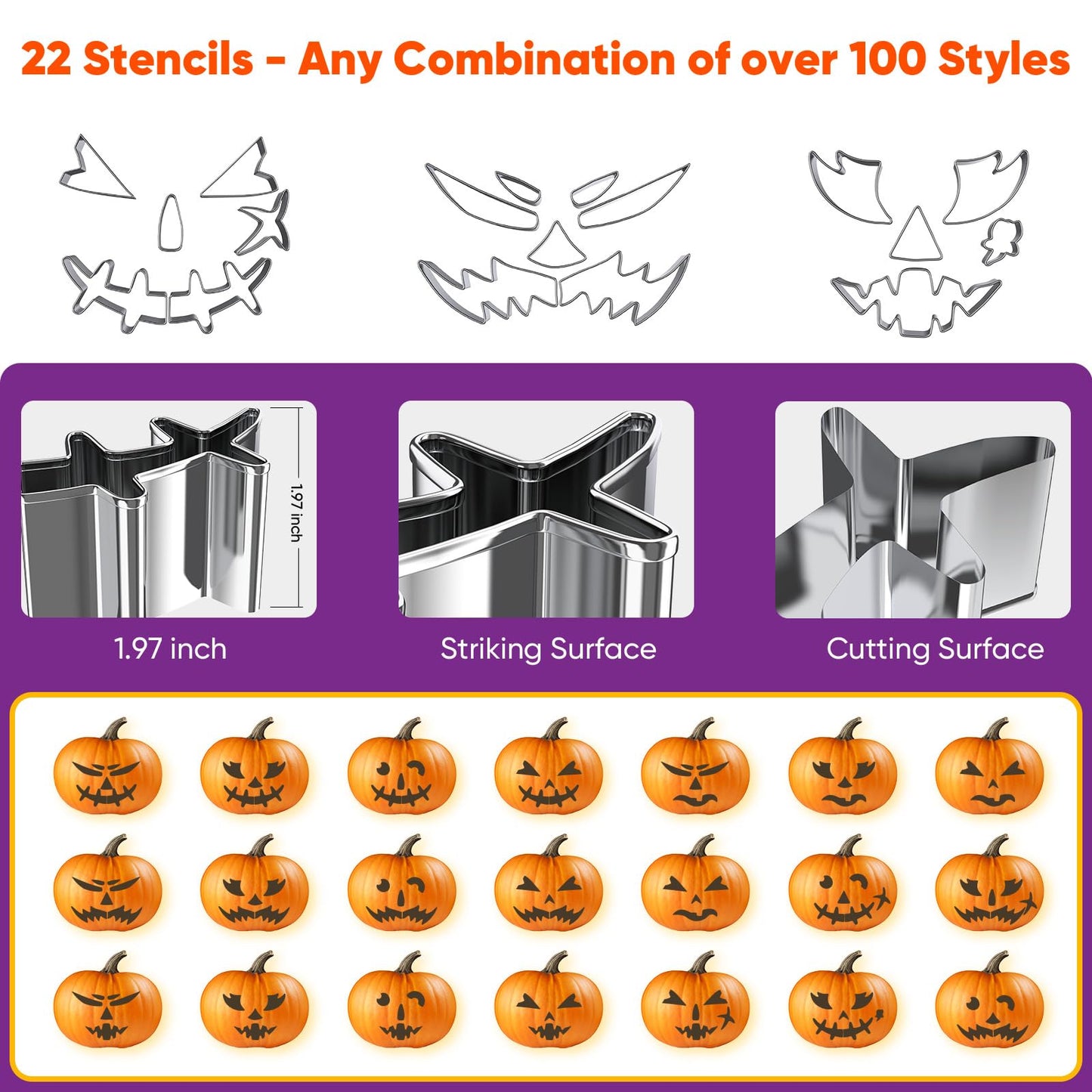 NFEVER Pumpkin Carving Kit Tools: 30PCS Pumpkin Carving Tools Set includes 22 Stainless Steel Stencils & Hammer & Spoon & Carve Knife & Candles - 2025 Halloween Gifts for Kids Safe DIY Decorating Kit