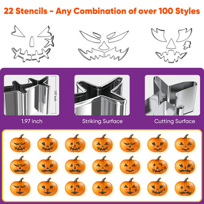 NFEVER Pumpkin Carving Kit Tools: 30PCS Pumpkin Carving Tools Set includes 22 Stainless Steel Stencils & Hammer & Spoon & Carve Knife & Candles - 2025 Halloween Gifts for Kids Safe DIY Decorating Kit
