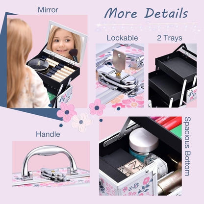 Joligrace Girls Makeup Box with Mirror Cosmetic Case Jewelry Organiser Light Weight Lockable with Keys (Beige Disty Florals)