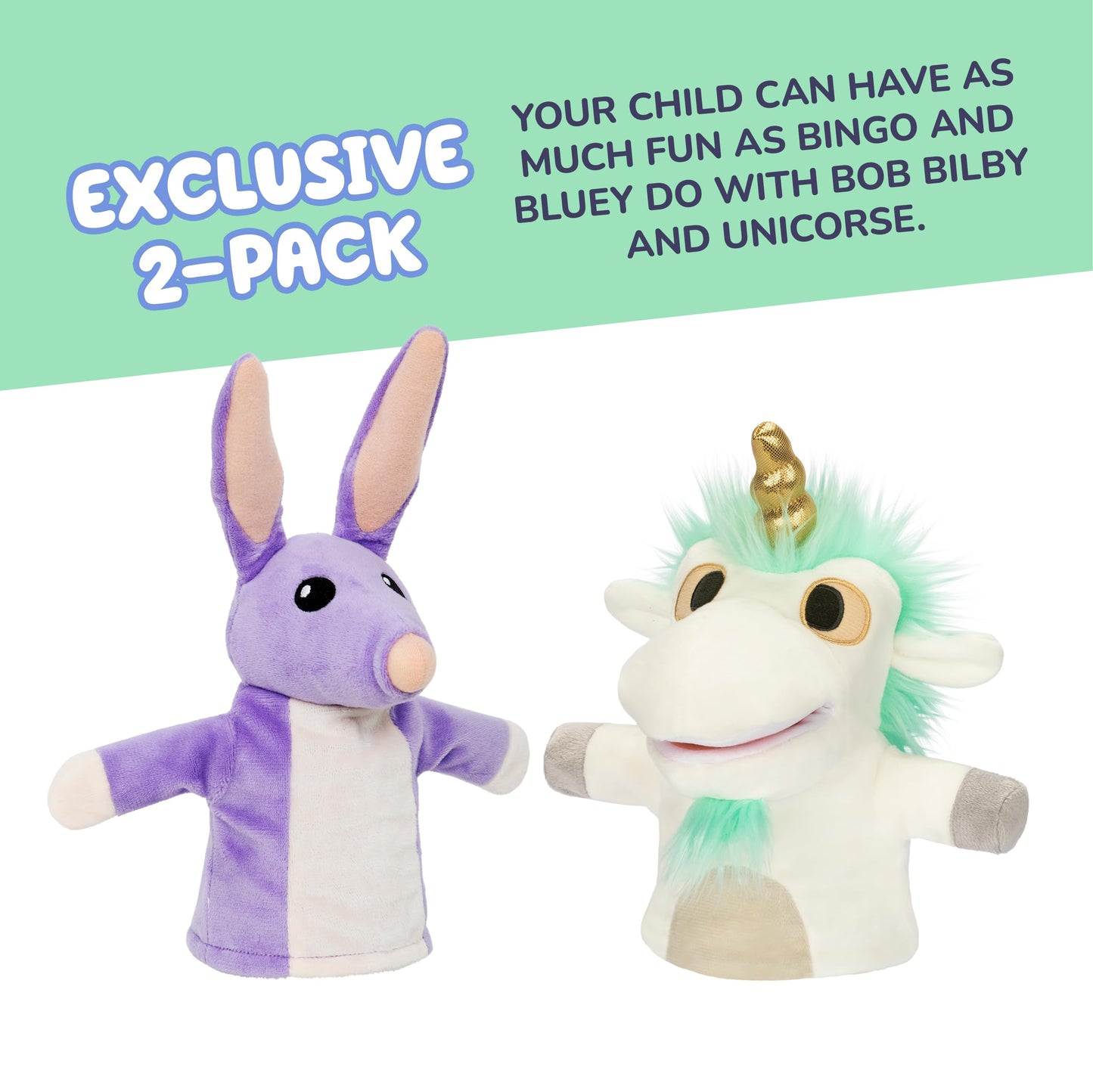 Bluey Unicorse & Bob Bilby Hand Puppet Plush 2-Pack – 8-9” Soft Deluxe Fabric, Embroidered Details, Perfect for Toddler Hands, Imaginative Play, Official Bluey Toys, Amazon Exclusive