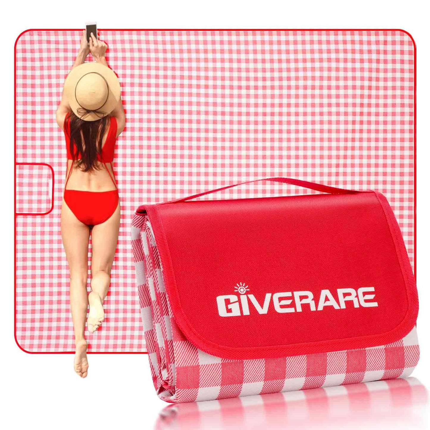 GIVERARE Picnic Beach Blanket Extra Large, XL Sandproof Waterproof Outdoor Camping Blankets 80x60in, Sand Free Oversized Mat, Quick Drying Portable Mats for Travel, Hiking, Music Festival, Lawn-Red