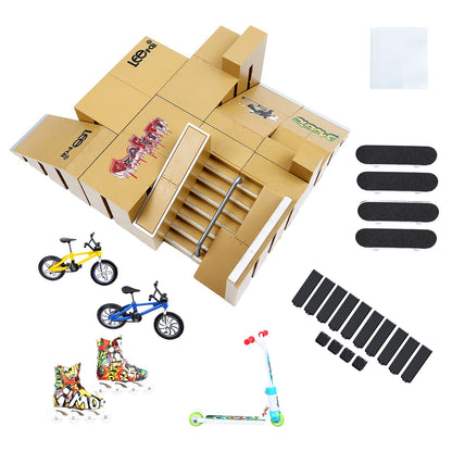 IOUGDSEC Skate Park Kit Ramp Parts for Finger Skateboard Park Kit Part Training Props with 4 Finger Decks 2 Finger Bike 1 Pair Skates and 1 Scooters