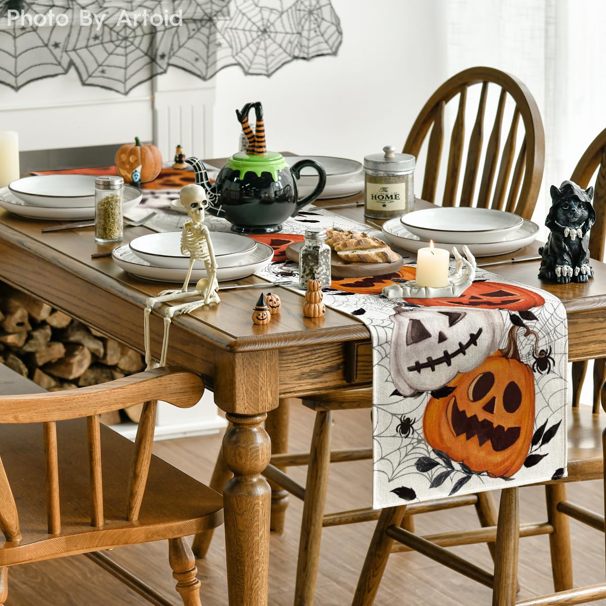 Artoid Mode Pumpkins Spider Web Halloween Table Runner, Seasonal Fall Kitchen Dining Table Decoration for Home Party Decor 13x72 Inch
