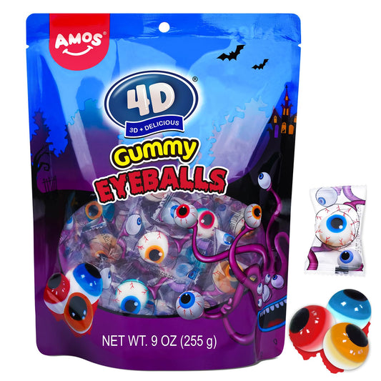 Amos Eyeball Gummy Candy – Halloween Gummy Eye Candy Treats for Kids & Parties, 3D Gummy Eyeballs, Individually Wrapped, 40 Count, 9oz Bag