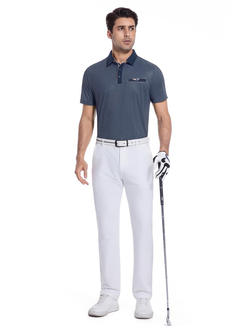 Esabel.C Men's Golf Polo Shirts Print Moisture Wicking Short Sleeve Dry Fit Stretch Polo Shirts for Men Navy Geometry, XL