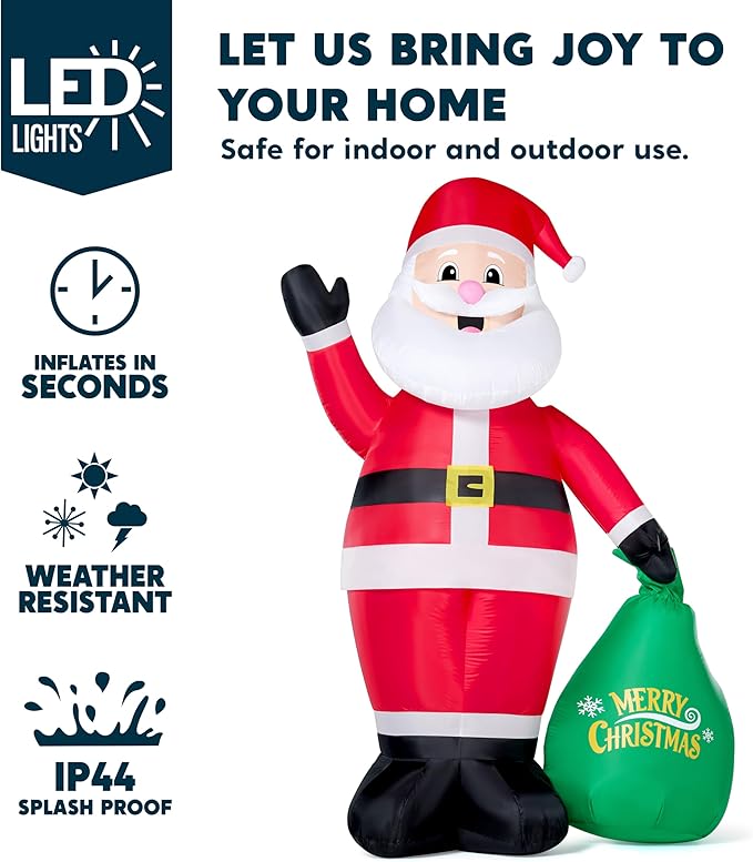JOYIN 8FT Tall Christmas Inflatable Santa Outdoor Decoration for Yard, Blow Up Santa Decor Holding Gift Bags with Build-in LEDs for Xmas Party Decor Yard Outside Garden Holiday Decoration