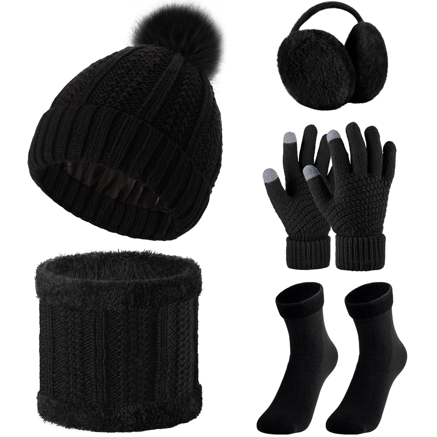 SATINIOR 5 Pcs Winter Satin Lined Hat Scarf Gloves Set Knit Pompom Beanie Warm Touchscreen Glove Earmuff Ear Warmer for Women(Black,Stylish Style)
