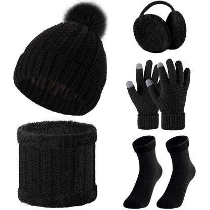 SATINIOR 5 Pcs Winter Satin Lined Hat Scarf Gloves Set Knit Pompom Beanie Warm Touchscreen Glove Earmuff Ear Warmer for Women(Black,Stylish Style)
