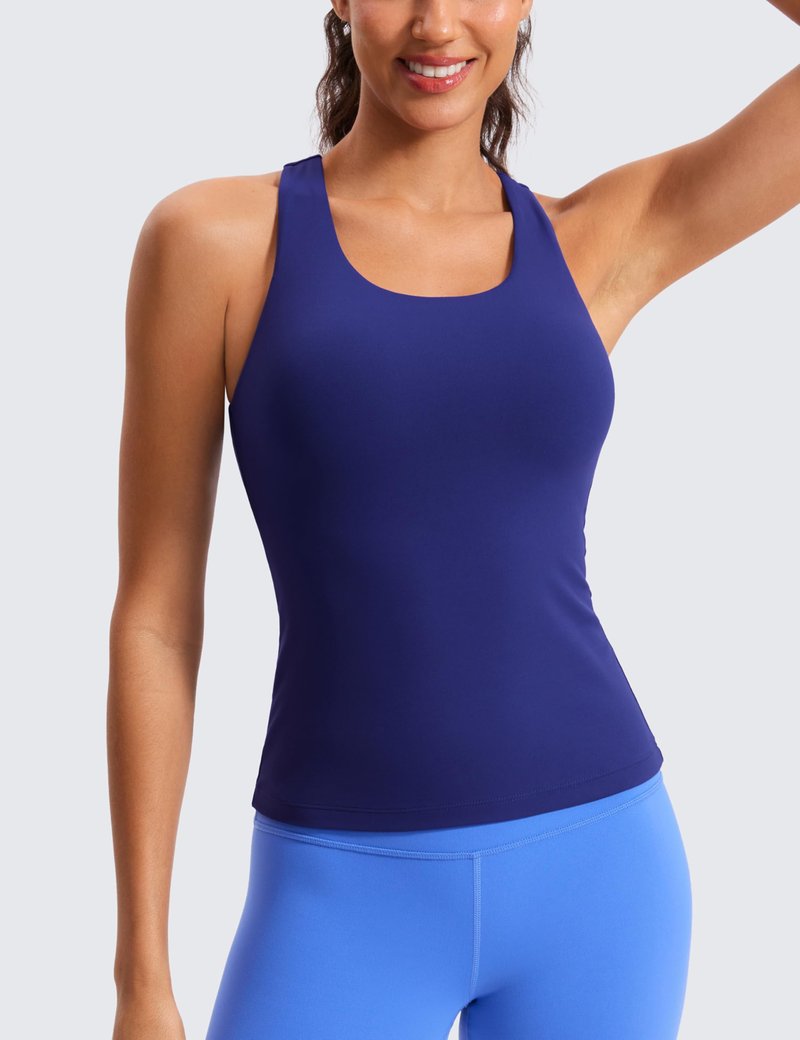 CRZ YOGA Butterluxe Workout Racerback Tank Tops for Women - Padded Athletic Spandex Yoga Shirts with Built in Bra Larkspur Blue X-Small