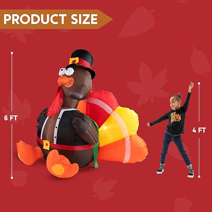 Joiedomi 6 FT Thanksgiving Inflatable Turkey Decorations, LED Light Up Turkey with Pilgrim Hat, Blow Up Decor for Thanksgiving Outdoor Decorations, Halloween Inflatable for Yard Garden