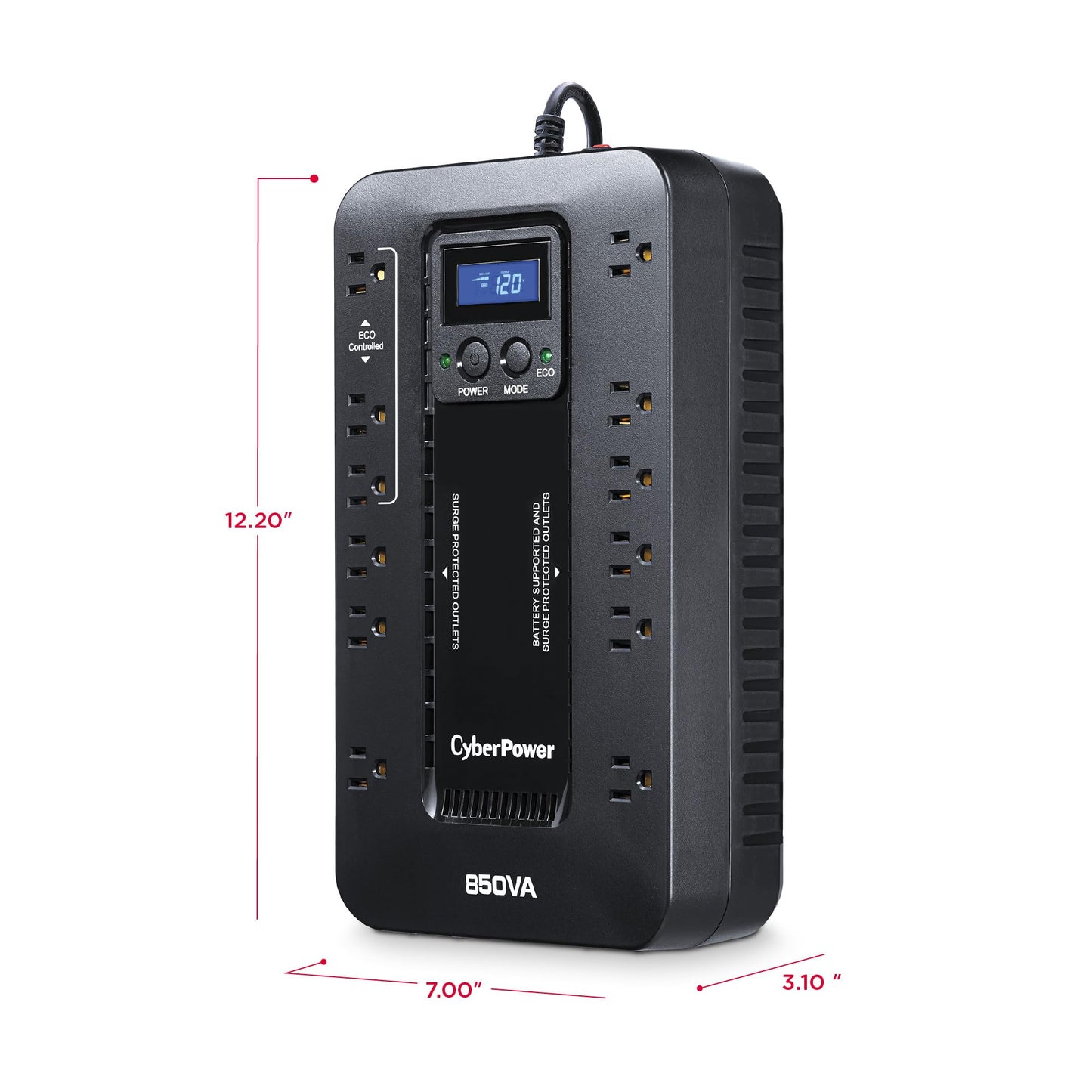 CyberPower EC850LCD Ecologic UPS Battery Backup and Surge Protector, 850VA/510W, 12 Outlets, ECO Mode, Compact, UL Certified