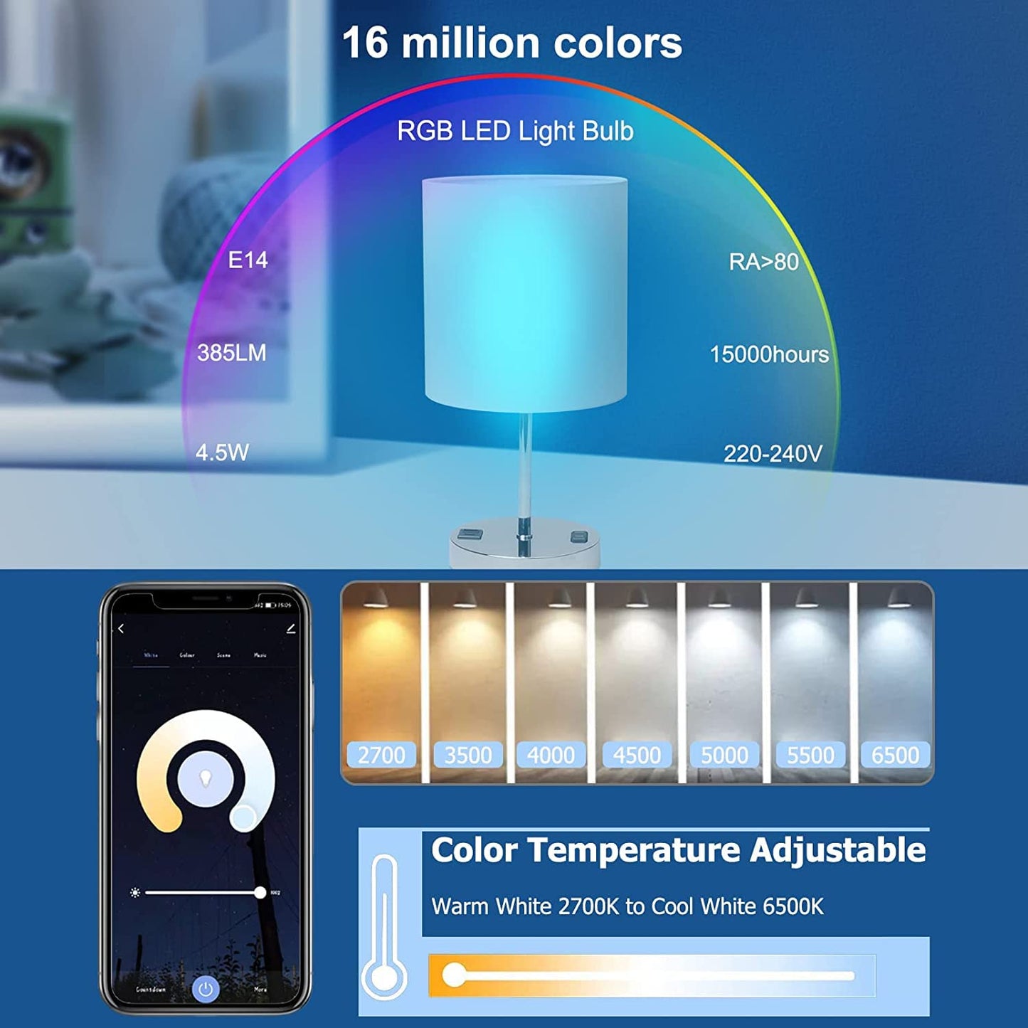 ANTELA Smart Bulb E14 Alexa Light Bulb C37 LED Dimmable Bulb RGB 16 Million Colors 2700-6500K, Smart Life APP Control, Voice Control, Compatible with Alexa, Google Home, 2PCS