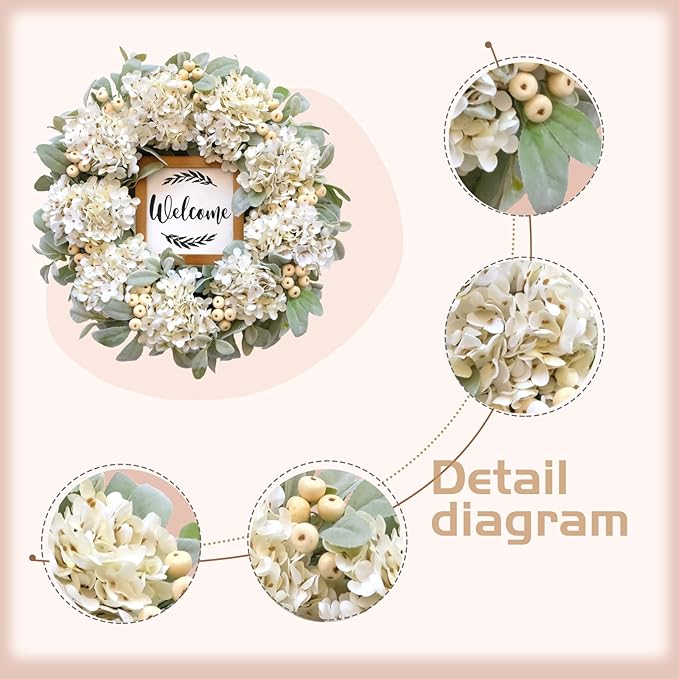 Year Round Wreaths for Front Door 22 Inch, Spring/Summer Wreath with Hydrangeas Lamb's Leaves Berries Welcome Board for Holiday Farmhouse Home Indoor Outdoor Wedding Party Wall Window Decor