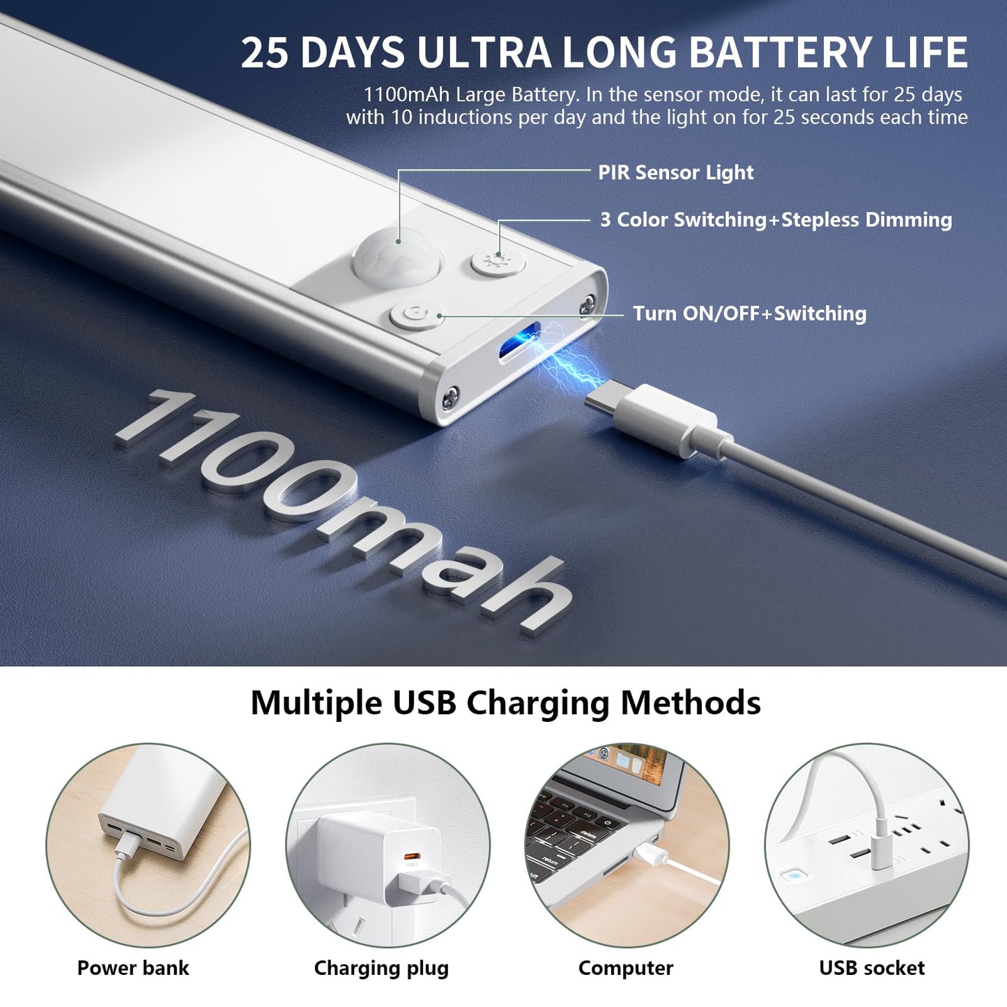 BokiHuk Cabinet Lighting LED with Motion Sensor Pack of 2 Cabinet Light Cabinet Light LED Strip Dimmable USB Rechargeable Under-Unit Light Kitchen for Wardrobe, Stairs, Boot