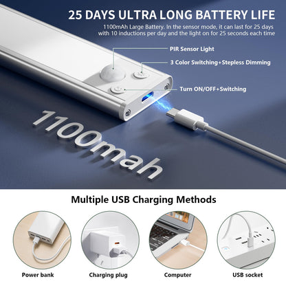 BokiHuk Cabinet Lighting LED with Motion Sensor Pack of 2 Cabinet Light Cabinet Light LED Strip Dimmable USB Rechargeable Under-Unit Light Kitchen for Wardrobe, Stairs, Boot