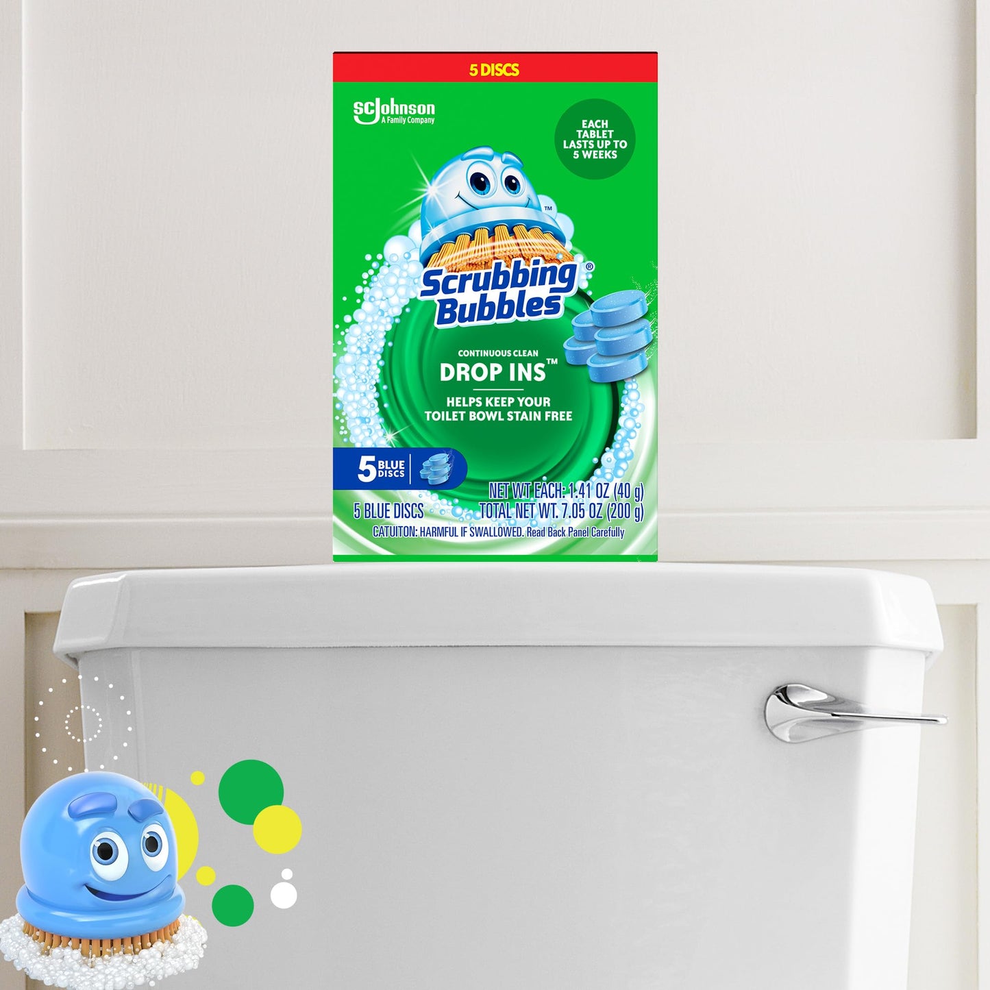 Scrubbing Bubbles Continuous Clean Toilet Drop-Ins, Automatic Blue Toilet Bowl Cleaner, Septic-Safe Tank Tablets Remove Hard Water Minerals & Limescale, Stain & Smell Protection, 5 Count (Pack of 1)