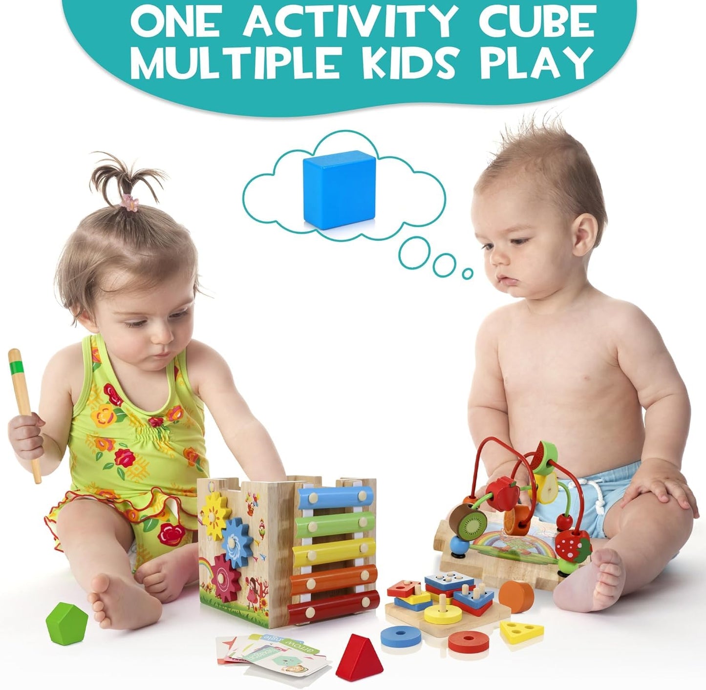 HELLOWOOD Wooden Activity Cube Baby Toys, 8-in-1 Montessori Educational Toy Set, Bead Maze Shape Sorter Abacus Xylophone Words & Clock Learning, STEM Toys for Boys Girls Toys for 1 2 3 years old