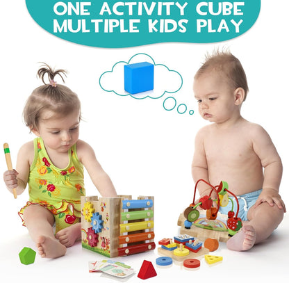 HELLOWOOD Wooden Activity Cube Baby Toys, 8-in-1 Montessori Educational Toy Set, Bead Maze Shape Sorter Abacus Xylophone Words & Clock Learning, STEM Toys for Boys Girls Toys for 1 2 3 years old