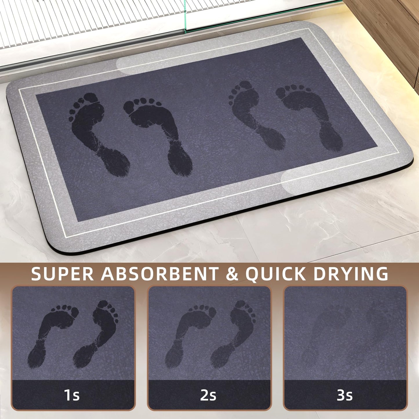 Mordem Diatomaceous Earth Bath Mat Super Absorbent Quick Dry Bath Mat, Bathroom Rugs Non Slip Washable, Thin Grey Bathroom Floor Mats-Shower Rug for in Front of Bathtub Shower, Easy Care, 15.7"x23.6"