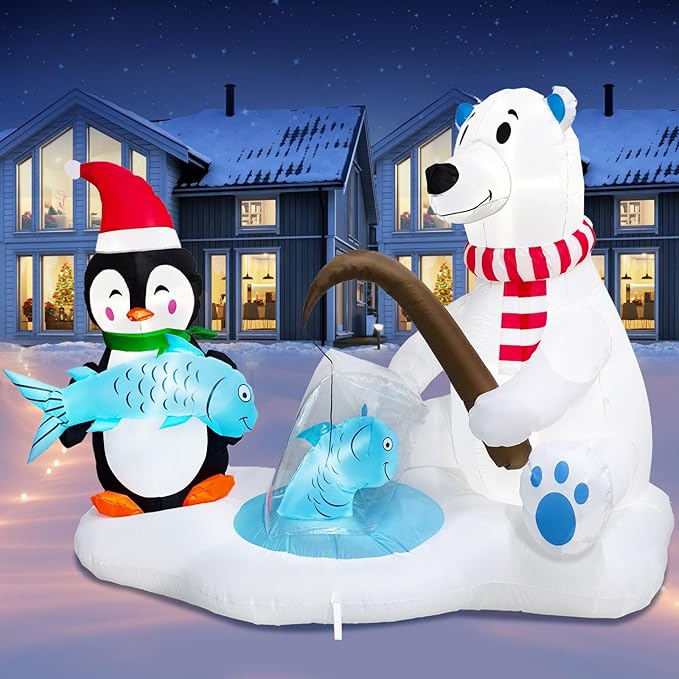 7.1FT Christmas Inflatable Polar Bear & Penguin Fishing Decoration, Christmas Blow Up Penguin Wear Scarf & Santa Hat and Polar Bear Inflatable Built-in 5 LED for Christmas Inflatables Outdoor