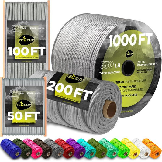 TECEUM Paracord Type III 550 Silver Grey – 1000 ft – 4mm – Tactical Rope MIL-SPEC – Outdoor para Cord –Camping Hiking Fishing Gear and Equipment – EDC Parachute Cord – Strong Survival Rope 002