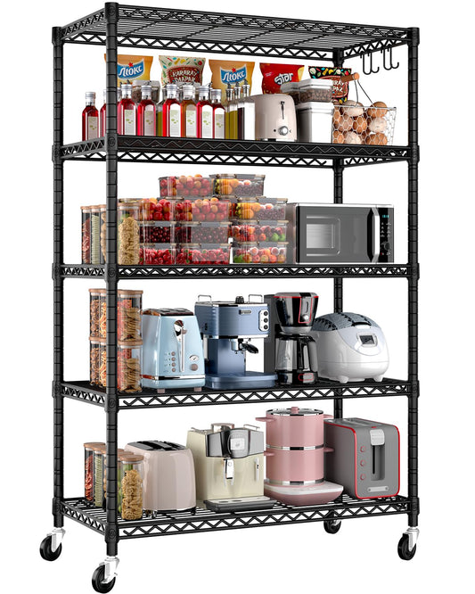PrimeZone 36" W x 16" D x 79" H Wire Storage Shelves with Wheels, 5 Tier NSF Certified Heavy Duty Adjustable Kitchen Shelving Unit, Pantry Organizer Rack Rolling Metal Shelf for Garage Closet Bathroom