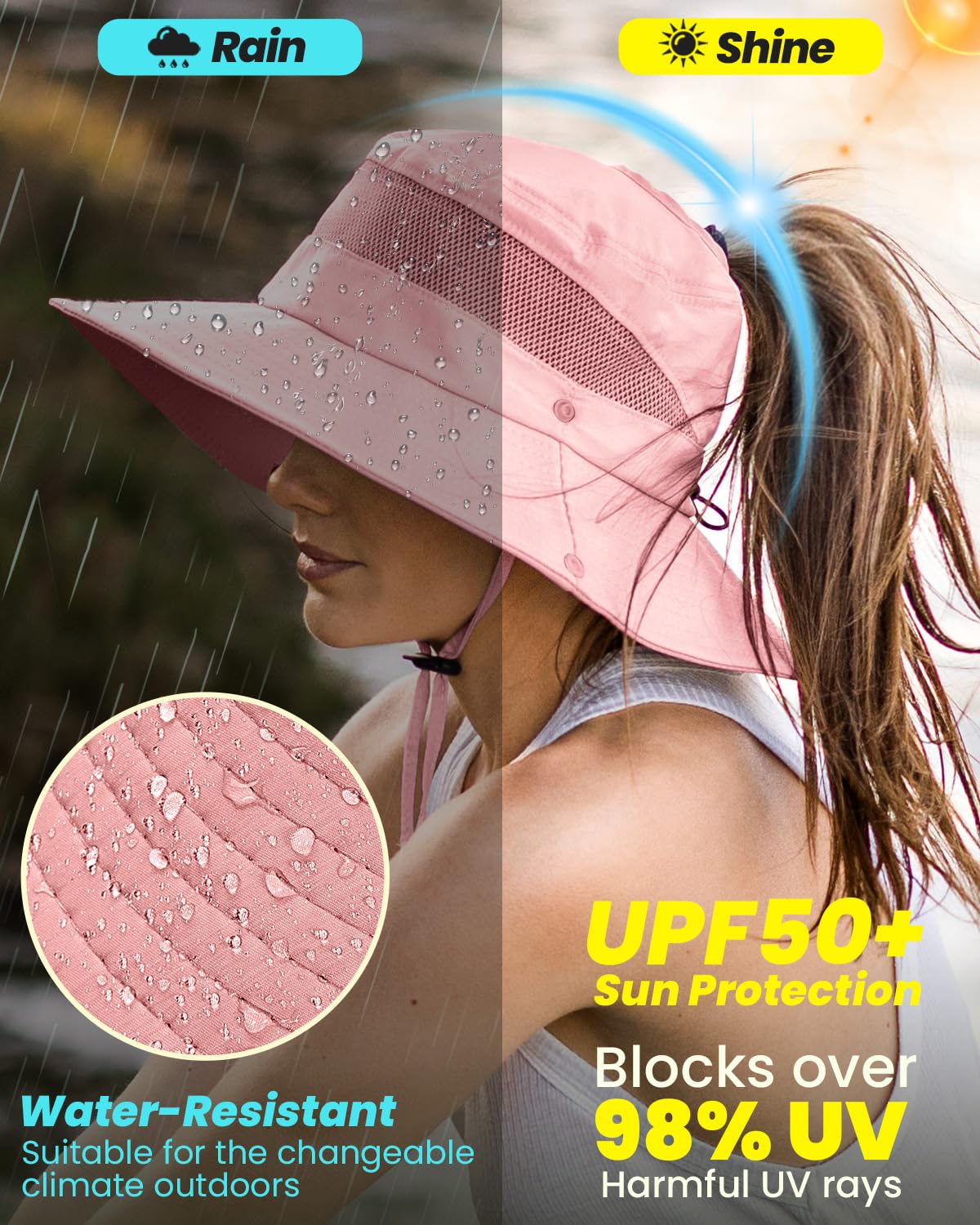 Beach Sun Hats for Women UV Protection with High Ponytail Hole UPF 50+ Fishing Safari Garden Hiking Hat Women Water Resistant Packable Sun Hat Pink